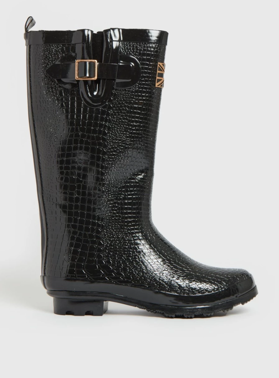 Tu Women's Black Mock Crocodile Wellington Boots Size 6 Waterproof Rain Boots