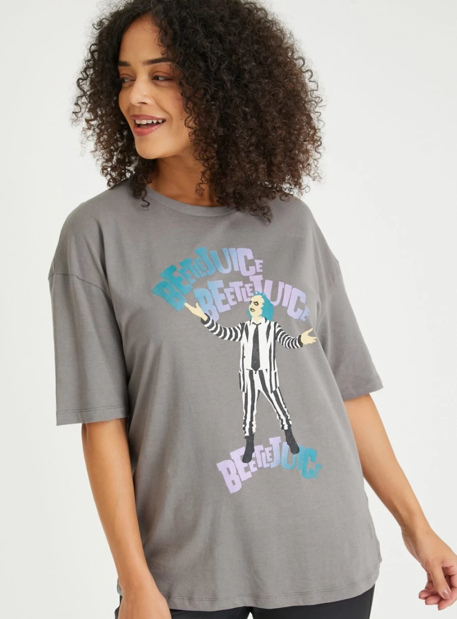 "Beetlejuice Women's Grey Graphic T-Shirt | Casual Short Sleeve Tee"