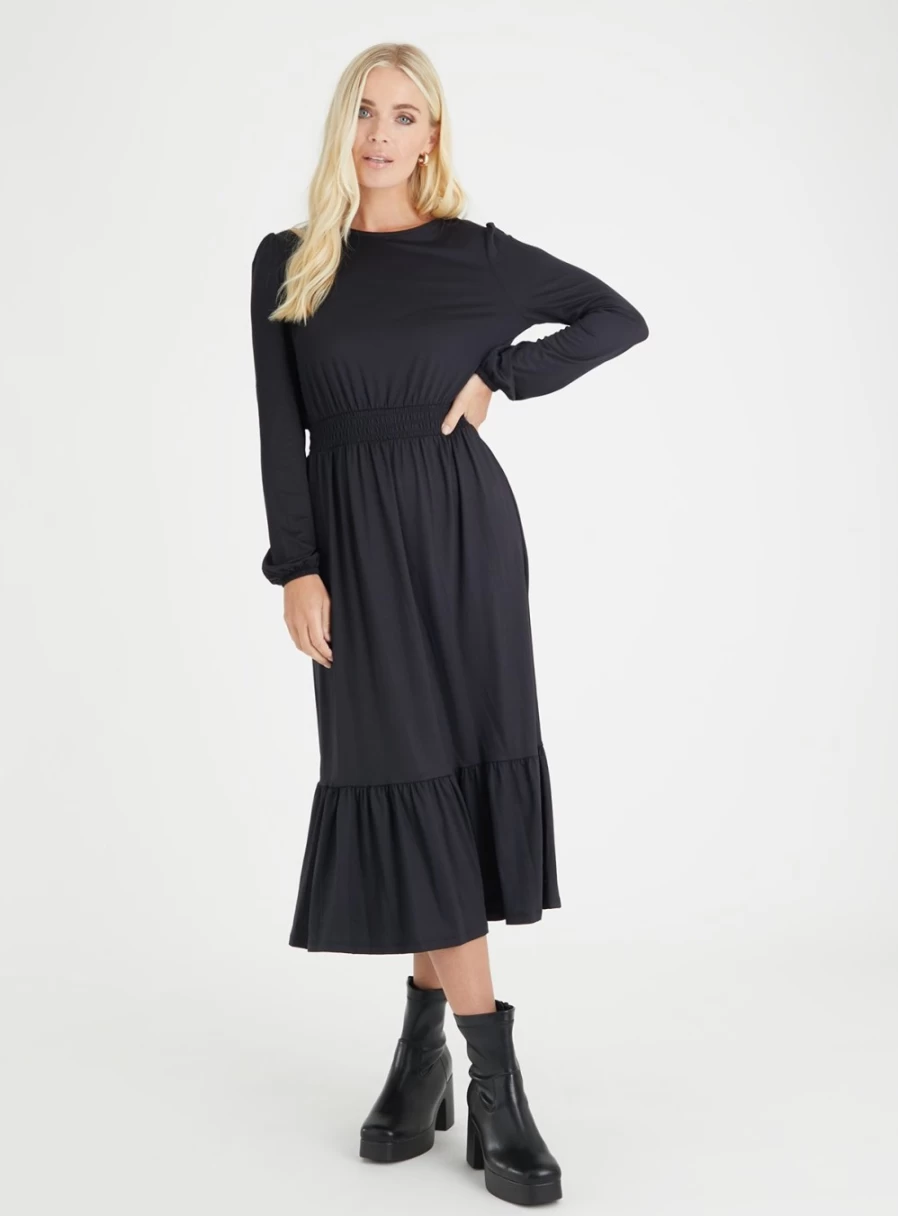 Tu Women's Black Jersey Midi Dress with Shirred Waist - Size 16