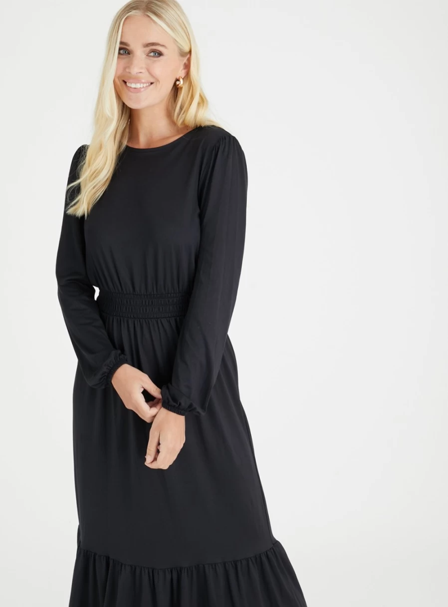 Tu Women's Black Jersey Midi Dress with Shirred Waist - Size 16