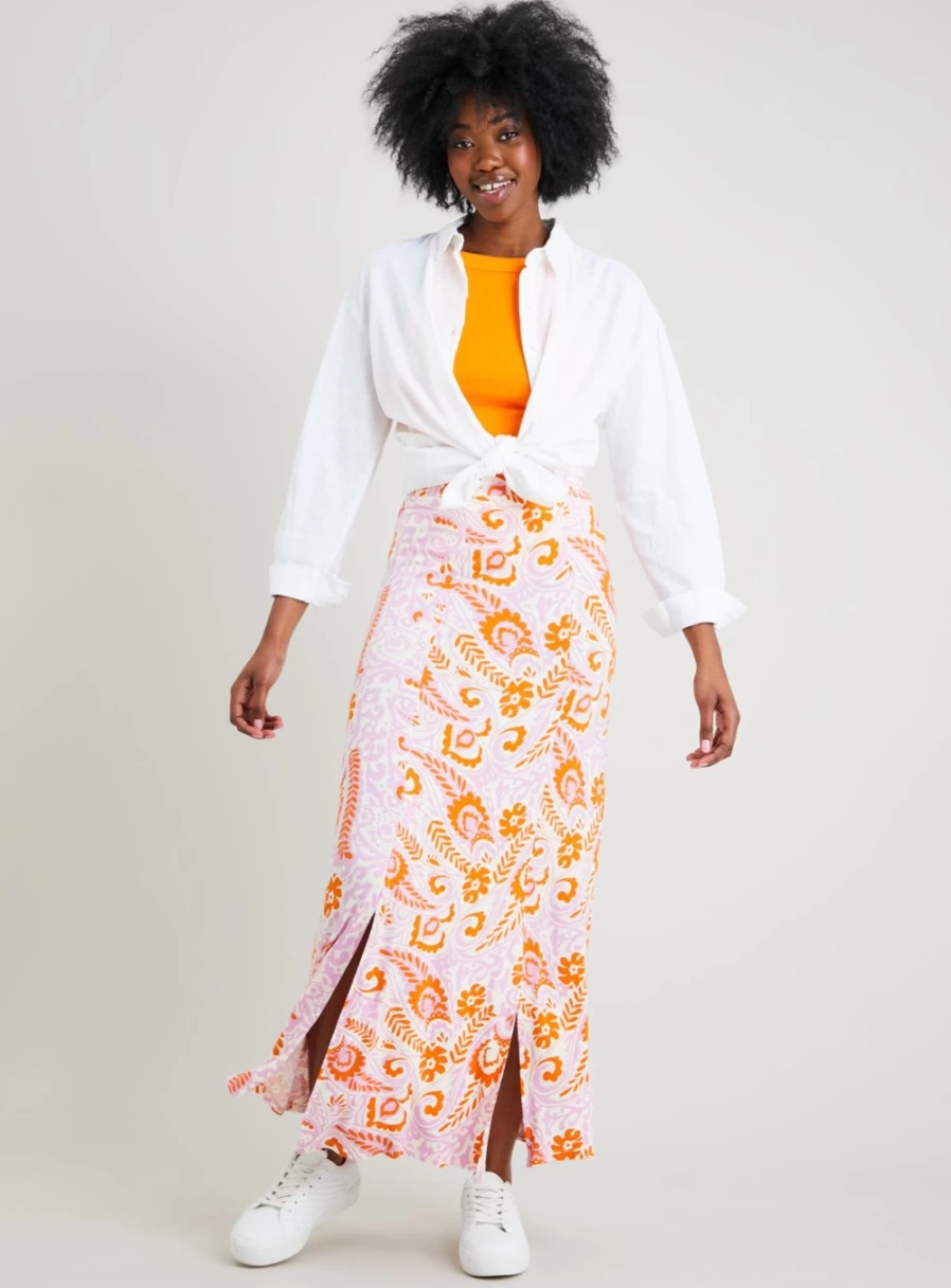 Tu Women's Pink & Orange Floral Print Maxi Skirt - Size 10-12 - Boho Chic Summer Beach Skirt