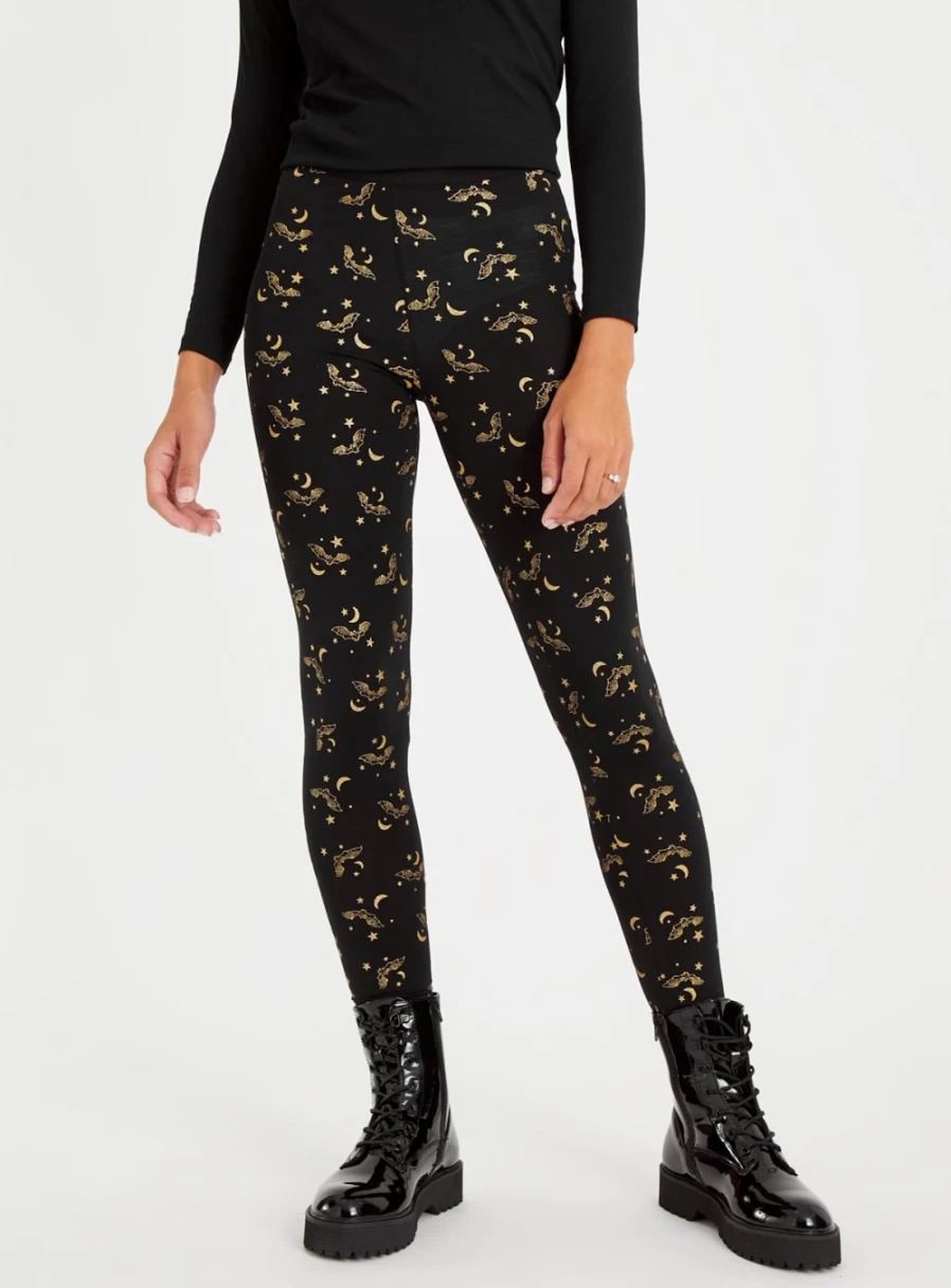 Tu Women's Halloween Black Bat Print Leggings - Spooky Stretchable High-Waisted Tights for Costume & Party