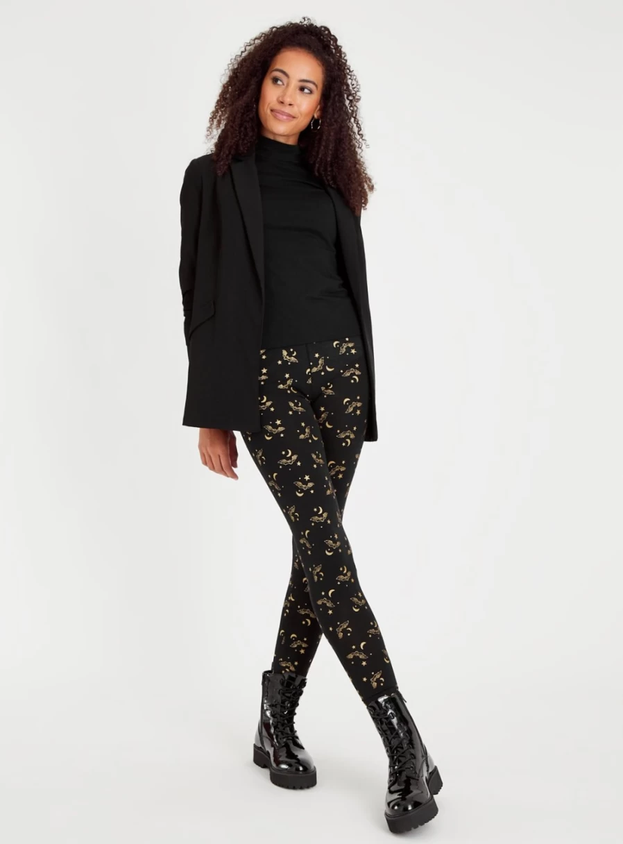Tu Women's Halloween Black Bat Print Leggings - Spooky Stretchable High-Waisted Tights for Costume & Party