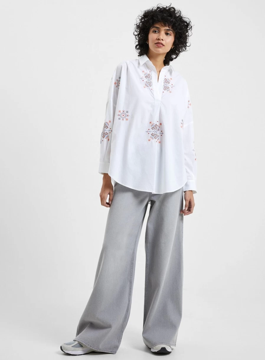 French Connection Women's Embroidered Rhodes Popover Shirt - XL, Floral Design, Casual Chic Top